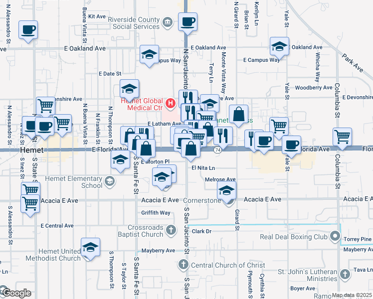 map of restaurants, bars, coffee shops, grocery stores, and more near in Hemet