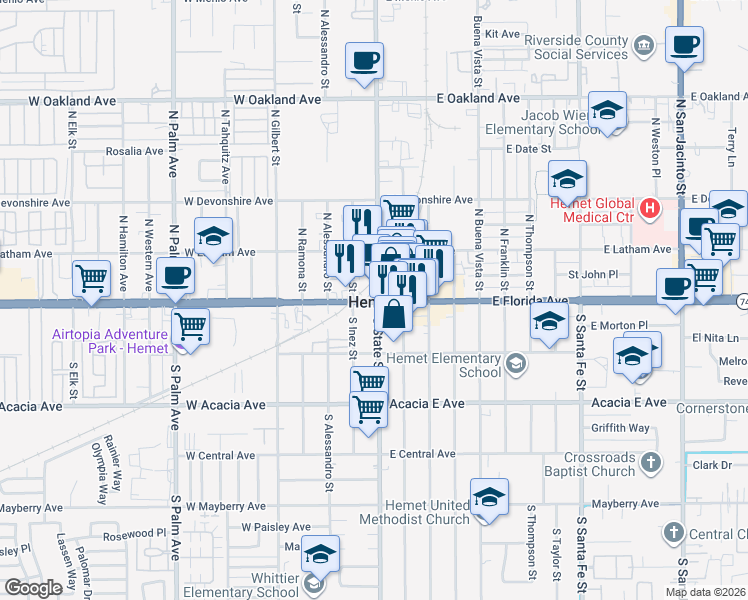 map of restaurants, bars, coffee shops, grocery stores, and more near 1160 West Montrose Avenue in Hemet