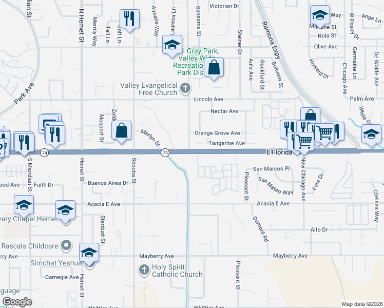 map of restaurants, bars, coffee shops, grocery stores, and more near 42751 East Florida Avenue in Hemet