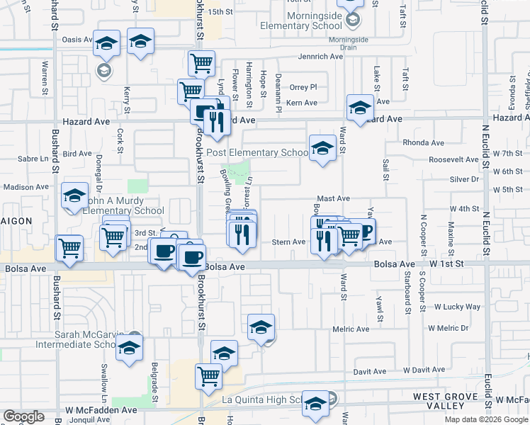 map of restaurants, bars, coffee shops, grocery stores, and more near 14842 Hope Street in Westminster