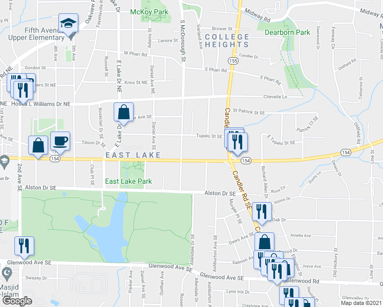 map of restaurants, bars, coffee shops, grocery stores, and more near 2800 Memorial Drive Southeast in Atlanta