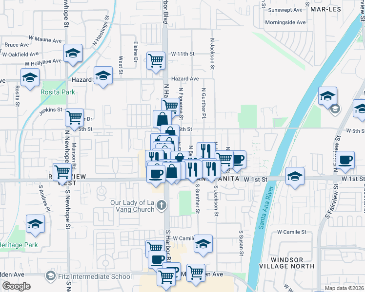 map of restaurants, bars, coffee shops, grocery stores, and more near 302 North Bewley Street in Santa Ana