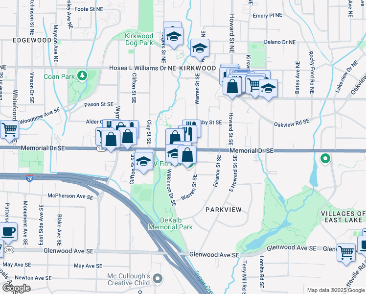 map of restaurants, bars, coffee shops, grocery stores, and more near 1836 Memorial Drive Southeast in Atlanta