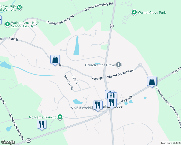 map of restaurants, bars, coffee shops, grocery stores, and more near 961 Park Street in Loganville