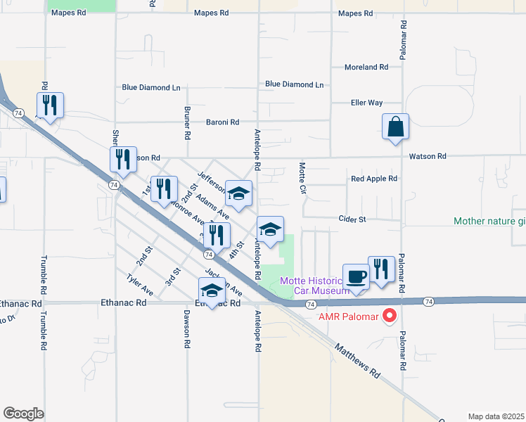 map of restaurants, bars, coffee shops, grocery stores, and more near 25626 Antelope Road in Romoland