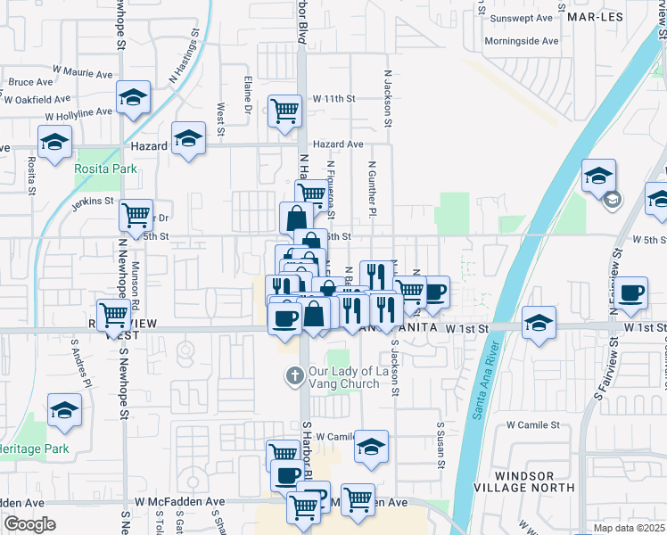 map of restaurants, bars, coffee shops, grocery stores, and more near 302 North Bewley Street in Santa Ana