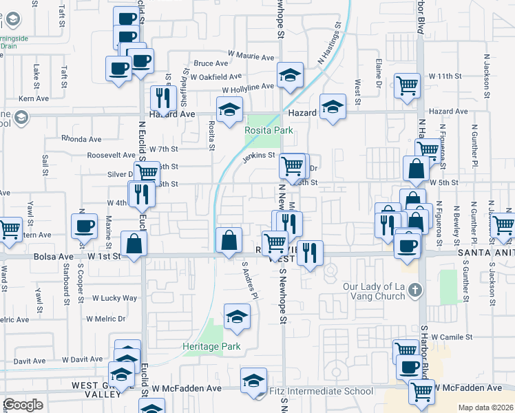 map of restaurants, bars, coffee shops, grocery stores, and more near 4524 West 3rd Street in Santa Ana