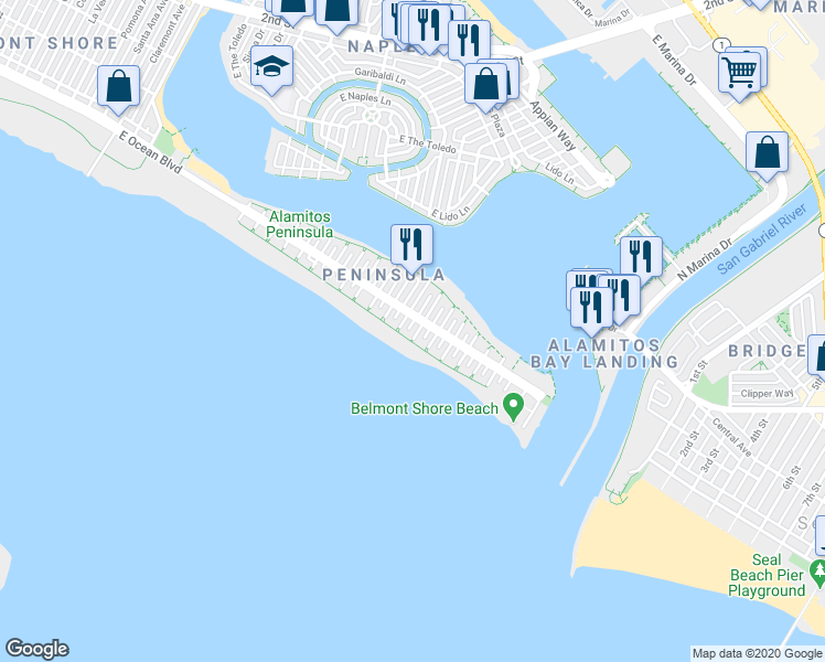 map of restaurants, bars, coffee shops, grocery stores, and more near 6411 East Seaside Walk in Long Beach