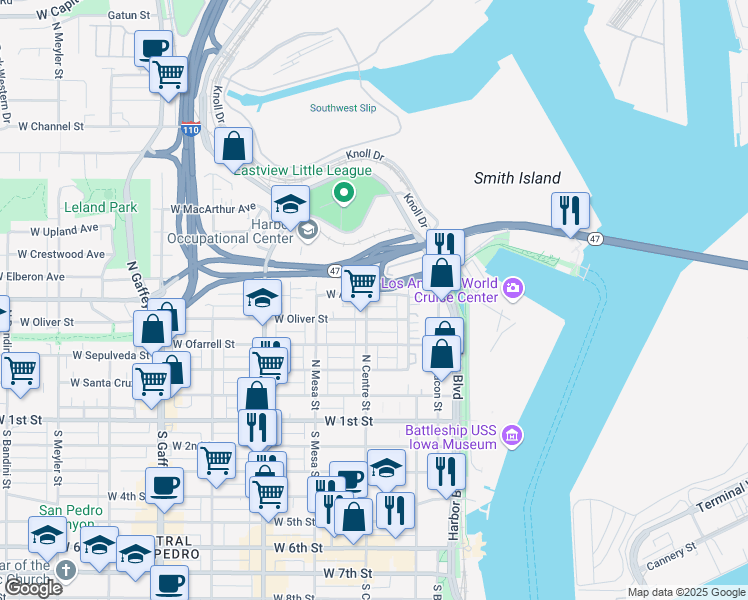 map of restaurants, bars, coffee shops, grocery stores, and more near 232 West Oliver Street in Los Angeles