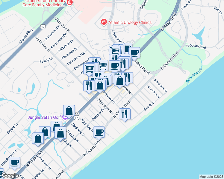 map of restaurants, bars, coffee shops, grocery stores, and more near 7700 Porcher Drive in Myrtle Beach