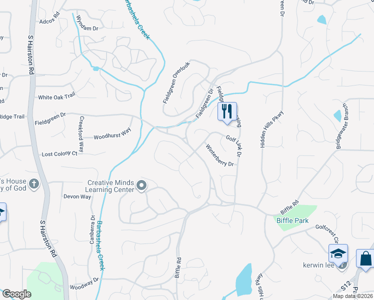 map of restaurants, bars, coffee shops, grocery stores, and more near 1516 Crooked Tree Circle in Stone Mountain