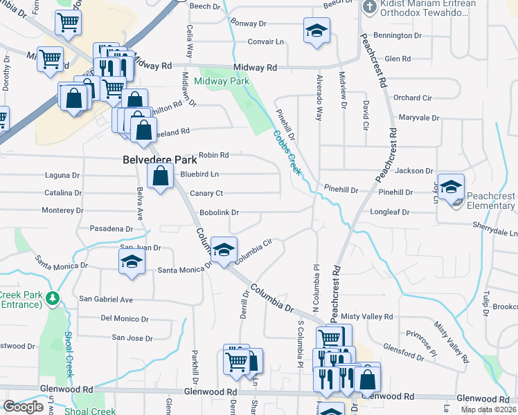 map of restaurants, bars, coffee shops, grocery stores, and more near 3221 Bobolink Drive in Decatur