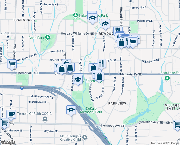 map of restaurants, bars, coffee shops, grocery stores, and more near 1805 Memorial Drive Southeast in Atlanta