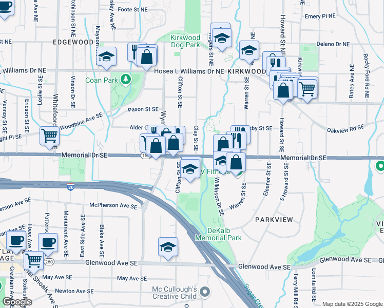 map of restaurants, bars, coffee shops, grocery stores, and more near 256 Clifton Street Southeast in Atlanta