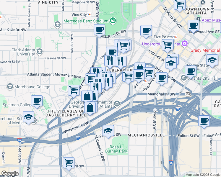 map of restaurants, bars, coffee shops, grocery stores, and more near 260 Castleberry Station Drive Southwest in Atlanta
