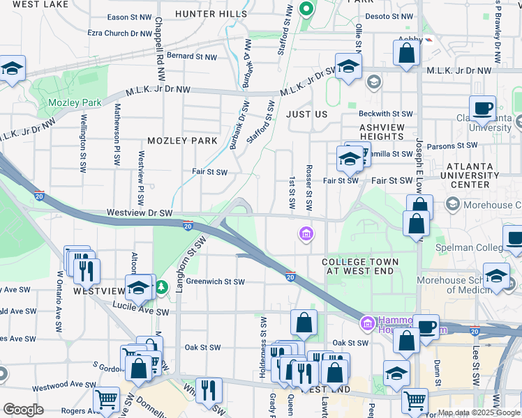 map of restaurants, bars, coffee shops, grocery stores, and more near 299 Holderness Street Southwest in Atlanta