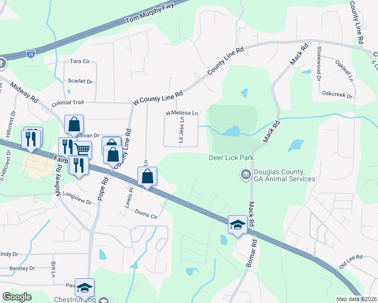 map of restaurants, bars, coffee shops, grocery stores, and more near 3588 South Melissa Lane in Douglasville