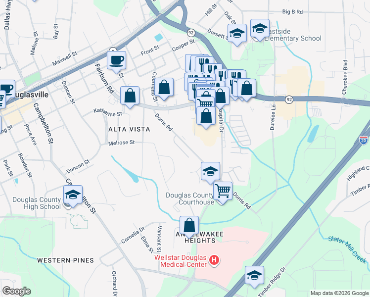 map of restaurants, bars, coffee shops, grocery stores, and more near 8534 Westchester Drive in Douglasville