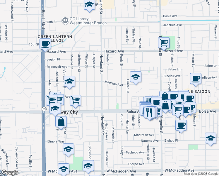 map of restaurants, bars, coffee shops, grocery stores, and more near 14792 Riata Street in Midway City