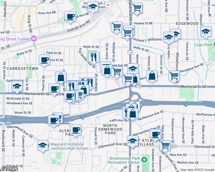 map of restaurants, bars, coffee shops, grocery stores, and more near 242 Wilbur Avenue Southeast in Atlanta