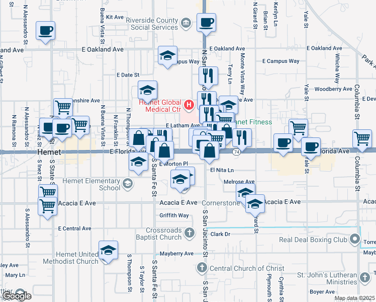 map of restaurants, bars, coffee shops, grocery stores, and more near 4210 East Florida Avenue in Hemet