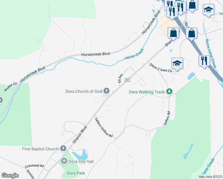 map of restaurants, bars, coffee shops, grocery stores, and more near Sharon Boulevard in Dora