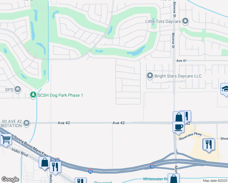 map of restaurants, bars, coffee shops, grocery stores, and more near 41493 Calle Pampas in Indio