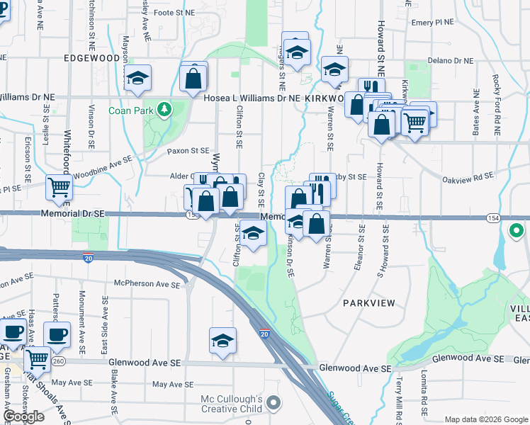 map of restaurants, bars, coffee shops, grocery stores, and more near 198 Clay Street Southeast in Atlanta