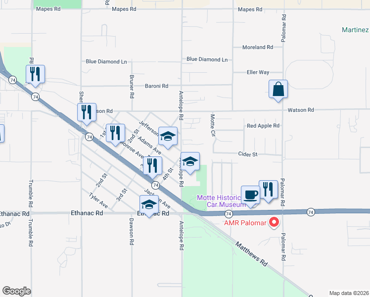 map of restaurants, bars, coffee shops, grocery stores, and more near 25626 Antelope Road in Romoland