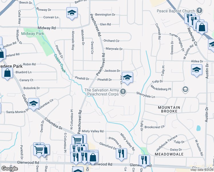 map of restaurants, bars, coffee shops, grocery stores, and more near 3443 Longleaf Drive in Decatur