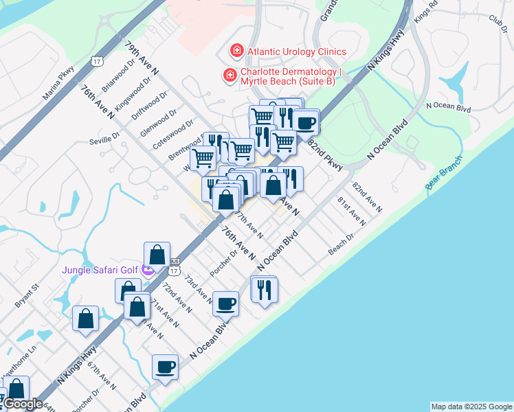 map of restaurants, bars, coffee shops, grocery stores, and more near 7700 Porcher Drive in Myrtle Beach