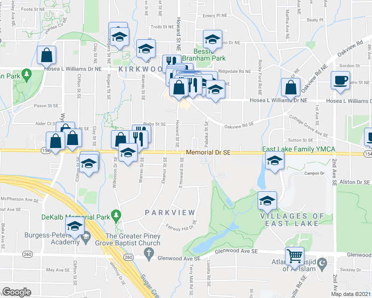 map of restaurants, bars, coffee shops, grocery stores, and more near 1986 Memorial Drive Southeast in Atlanta