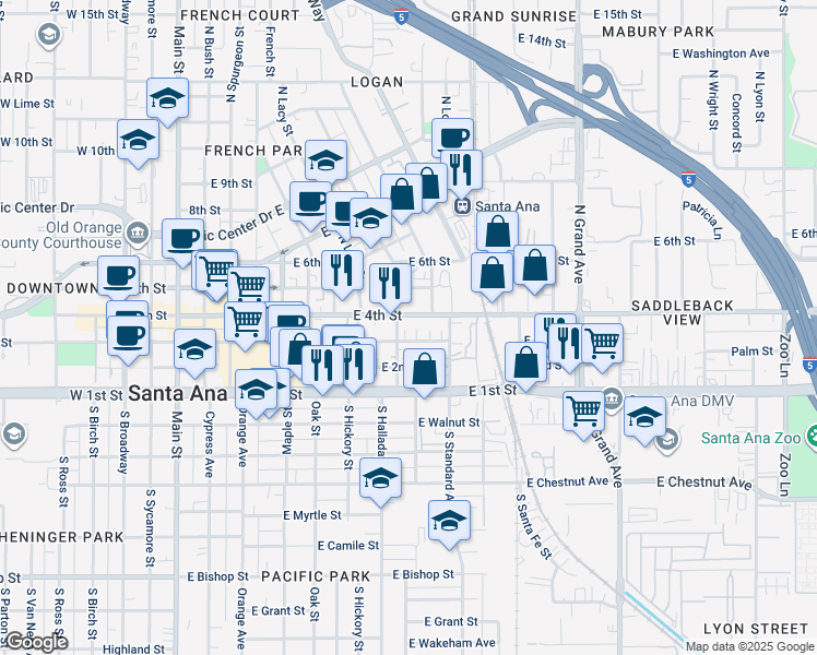 map of restaurants, bars, coffee shops, grocery stores, and more near 907 East 3rd Street in Santa Ana