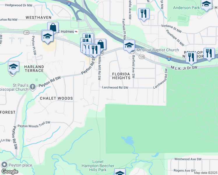 map of restaurants, bars, coffee shops, grocery stores, and more near 2359 Lilla Circle Southwest in Atlanta