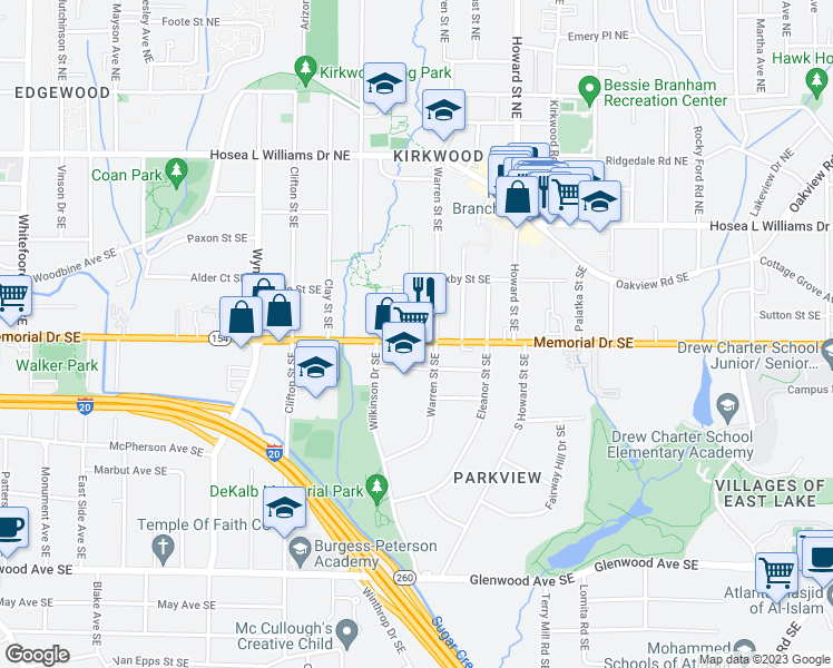 map of restaurants, bars, coffee shops, grocery stores, and more near 1850 Memorial Drive Southeast in Atlanta