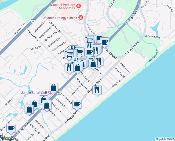 map of restaurants, bars, coffee shops, grocery stores, and more near 7700 Porcher Drive in Myrtle Beach