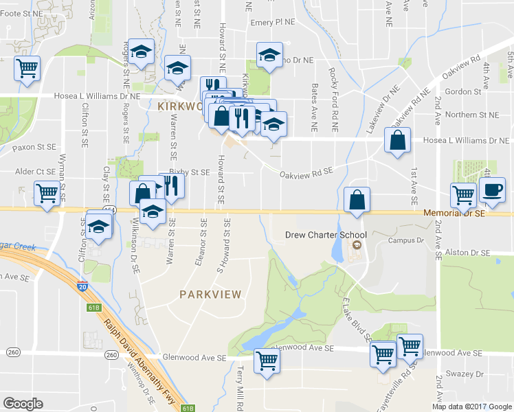 map of restaurants, bars, coffee shops, grocery stores, and more near 199 Palatka Street Southeast in Atlanta