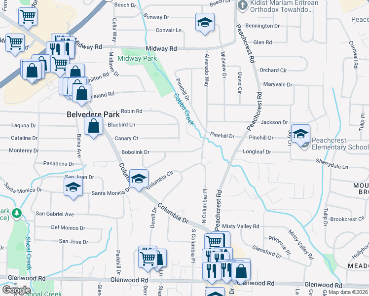map of restaurants, bars, coffee shops, grocery stores, and more near 3261 Bobolink Drive in Decatur
