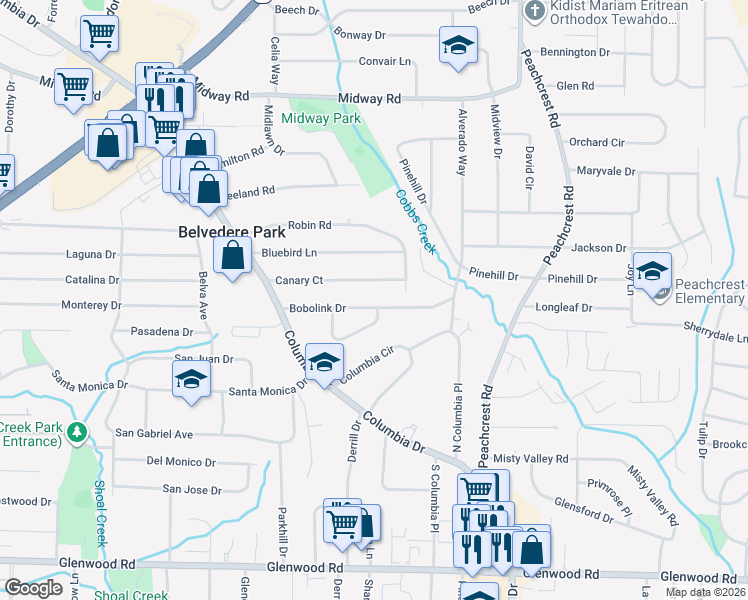 map of restaurants, bars, coffee shops, grocery stores, and more near 3221 Bobolink Drive in Decatur