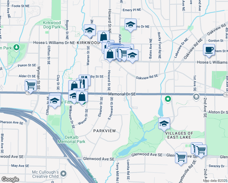 map of restaurants, bars, coffee shops, grocery stores, and more near 204 South Howard Street Southeast in Atlanta