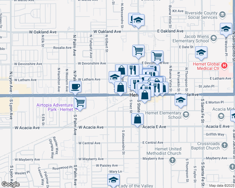map of restaurants, bars, coffee shops, grocery stores, and more near 158 South Ramona Street in Hemet