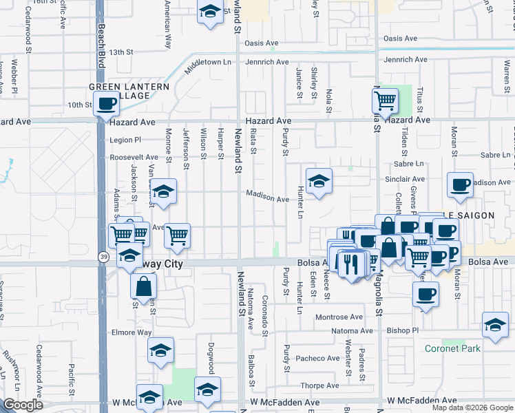 map of restaurants, bars, coffee shops, grocery stores, and more near 8571 Washington Avenue in Midway City