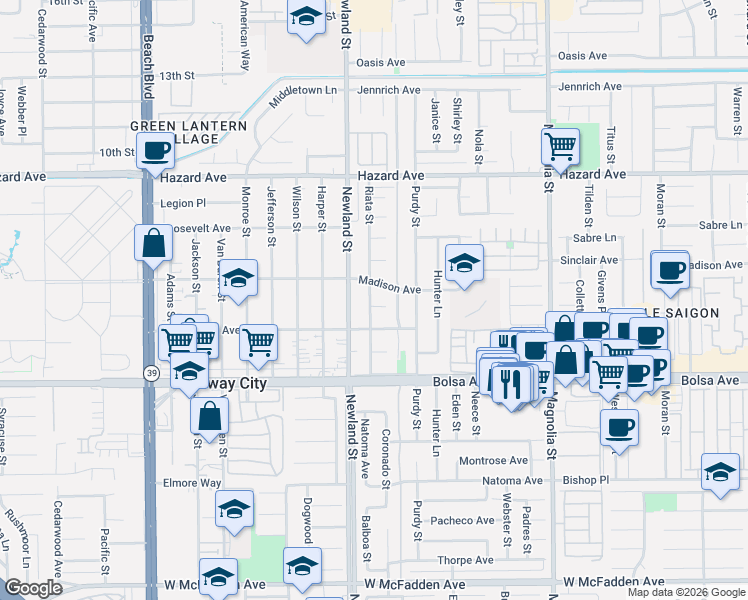 map of restaurants, bars, coffee shops, grocery stores, and more near 8571 Washington Avenue in Midway City