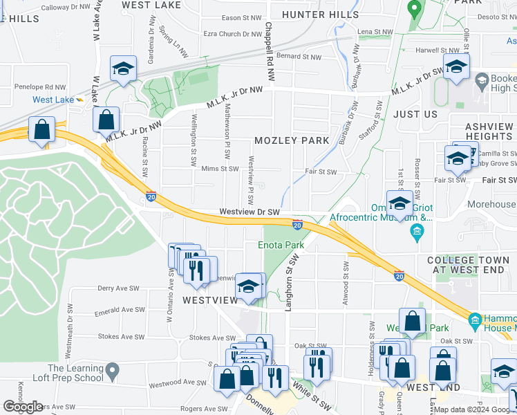 map of restaurants, bars, coffee shops, grocery stores, and more near 1425 Westview Drive Southwest in Atlanta