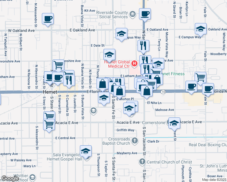 map of restaurants, bars, coffee shops, grocery stores, and more near 2 North Santa Fe Street in Hemet