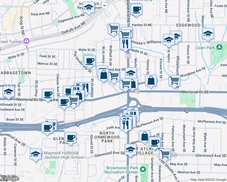 map of restaurants, bars, coffee shops, grocery stores, and more near 219 Howell Drive Southeast in Atlanta