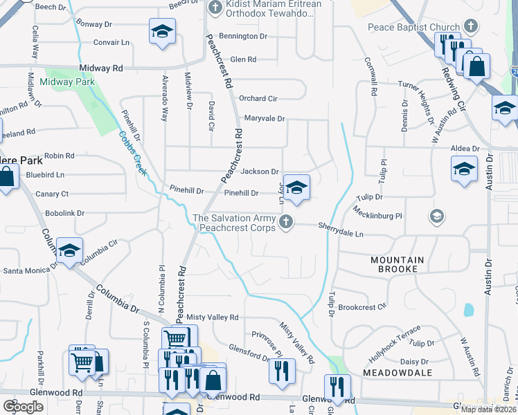 map of restaurants, bars, coffee shops, grocery stores, and more near 3443 Longleaf Drive in Decatur