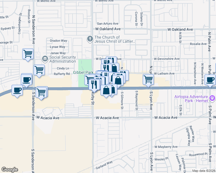 map of restaurants, bars, coffee shops, grocery stores, and more near 2204 West Florida Avenue in Hemet