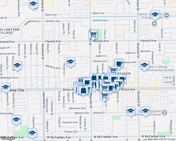 map of restaurants, bars, coffee shops, grocery stores, and more near 8921 Channing Avenue in Westminster