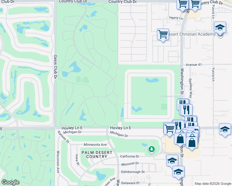 map of restaurants, bars, coffee shops, grocery stores, and more near 41550 Palmetto Lane in Palm Desert